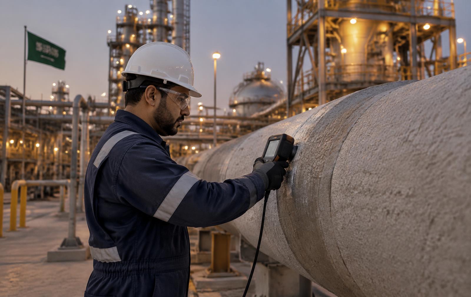 Industrial petrochemical facility at dusk in Saudi Arabia